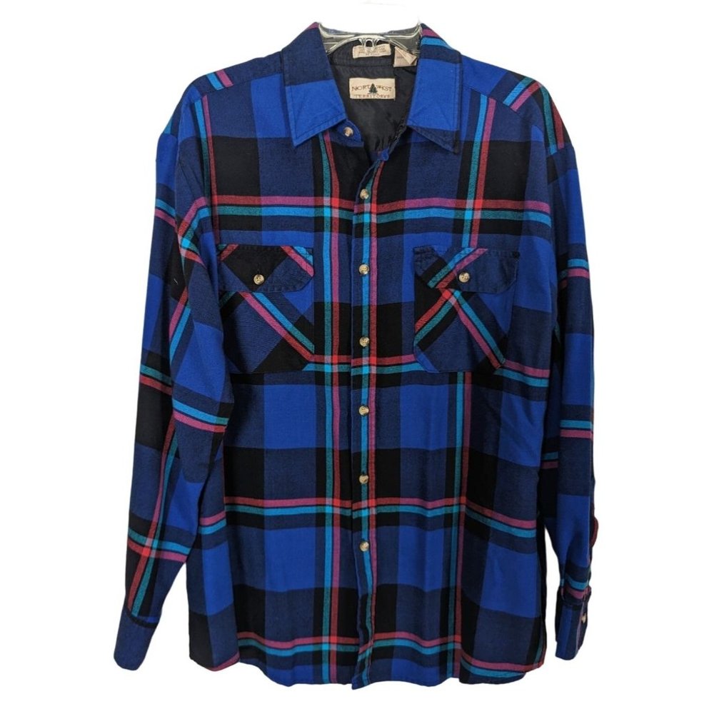 Vintage Northwest Territory blue plaid long sleeve button down shirt size L